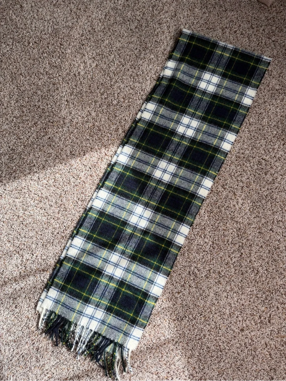 Bronte by Moon Lambswool Plaid Fringe Scarf in Forest Green & White